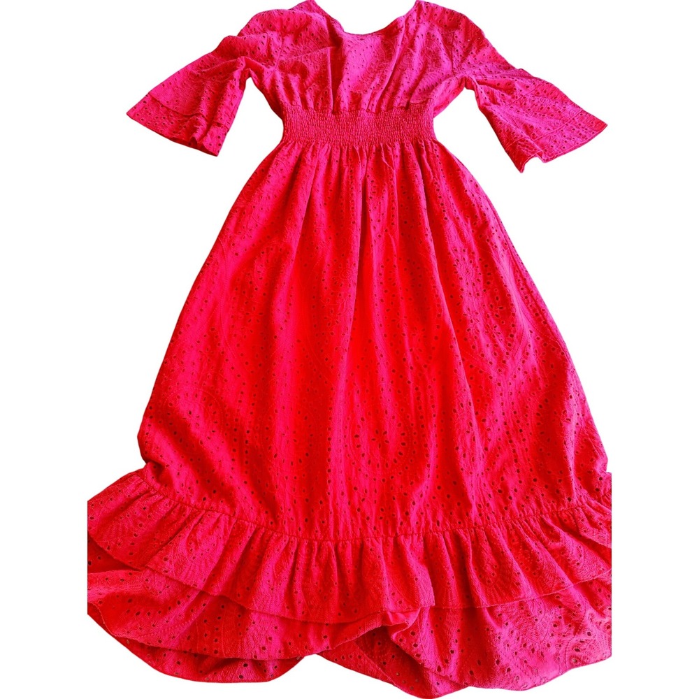 Red Eyelet Lace Midi Dress Smocked Waist Bell Sleeve S Cottagecore Bohemian - Picture 2 of 4
